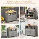 Rattan storage cabinet with acacia wood countertop, featuring a 2-door design for outdoor patio and poolside use.